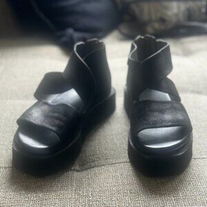 Black Lofina Platform Chunky Ankle Wrap Sandals